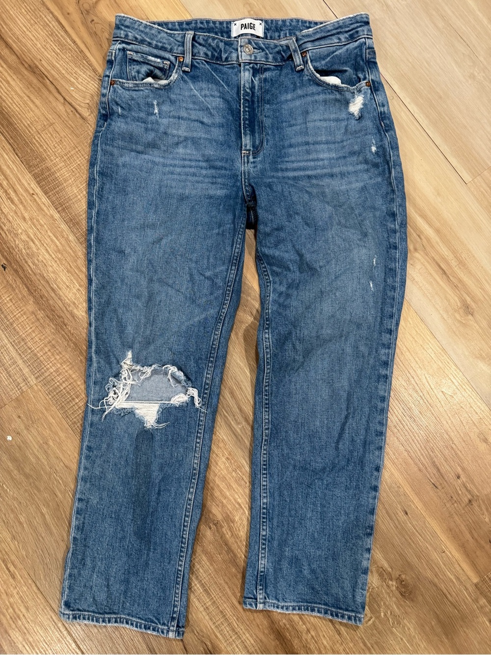 Paige Blue Distressed Straight-Leg Jeans
